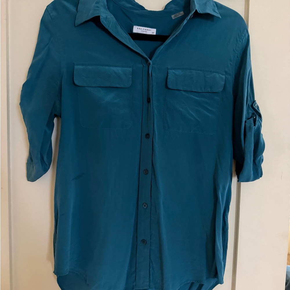 Equipment Teal Collared Silk Blouse